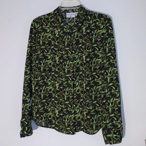 Kathy Ireland Button Down Shirt Large Green-Brown-Black Funky Print!